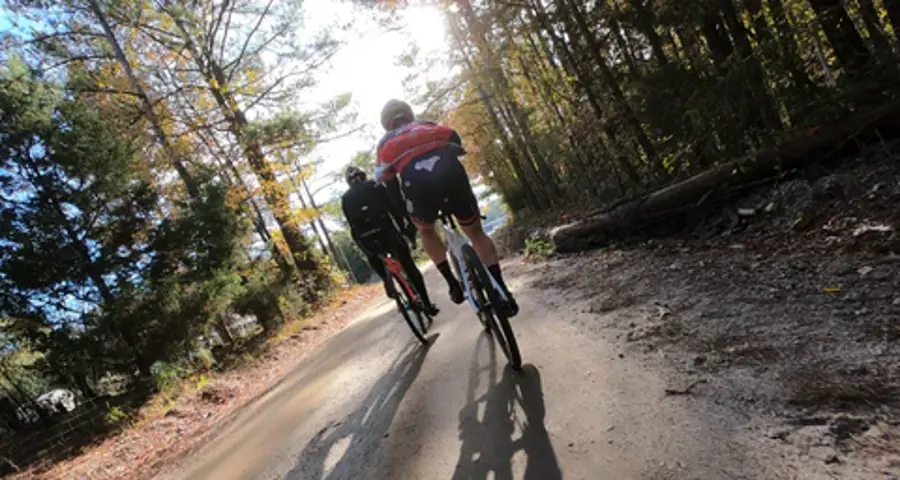 Two cyclists ride on a sunlit, tree-lined road. They wear helmets and jerseys, projecting an active, adventurous vibe with autumn foliage in the background.
