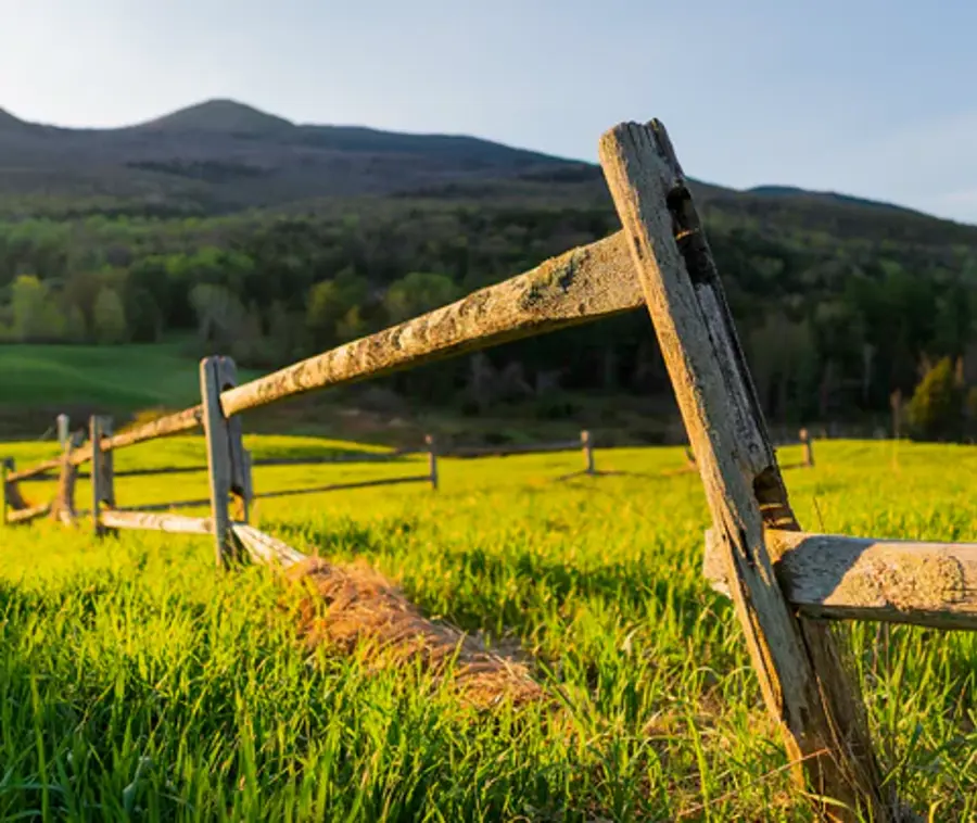 Rustic wooden fence stretches across a sunlit, vibrant green meadow with distant hills under a clear blue sky, conveying tranquility and natural beauty.