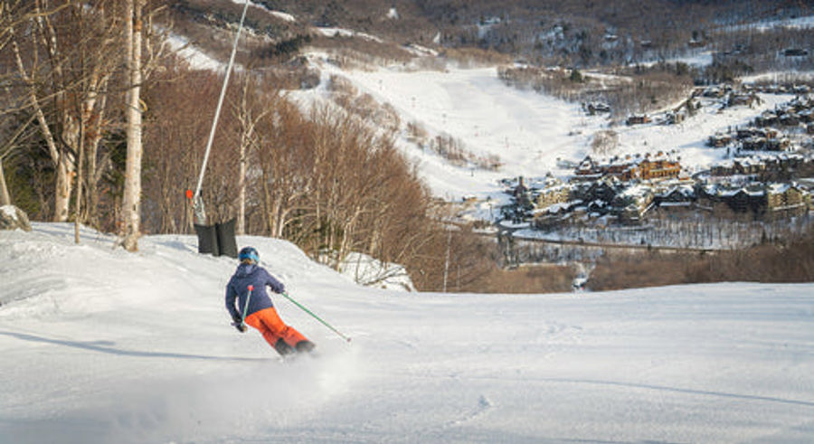 A skier in bright orange pants and a dark jacket descends a snowy slope. Trees line the path; a snowy village and mountains are visible in the background.